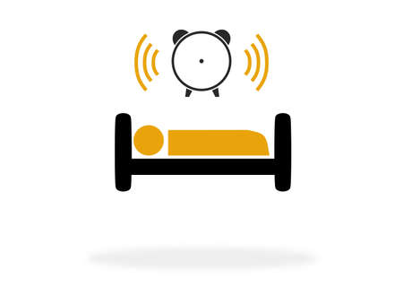 Bed Icon with shadow and Alarm Clock - Wake up in the morningの写真素材