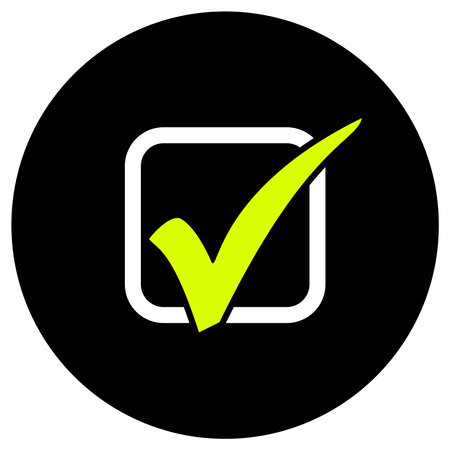 Black round button with white green check mark symbolの写真素材
