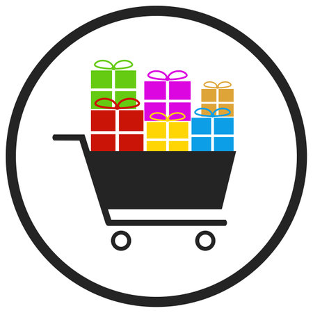 Birthday or Christmas shopping Symbol - Flat Icon in circle with many presents in trolleyの写真素材