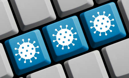 Attention Coronavirus - Virus Symbol on computer Keyboard 3D illustrationの写真素材