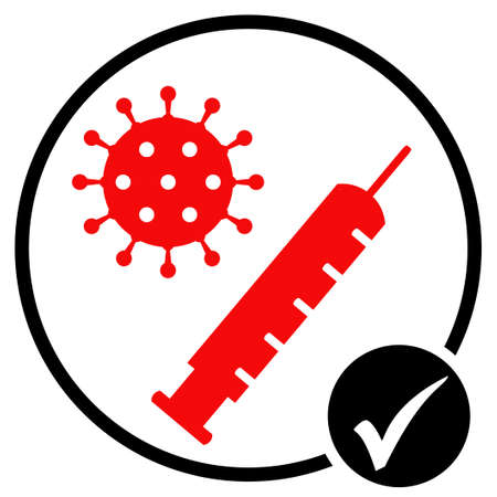 Black and red circle icon with tick showing Syringe for Covid-19 Vaccinationの写真素材