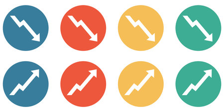 4 colorful Buttons blue, red, orange and green showing: Arrows up and downの写真素材