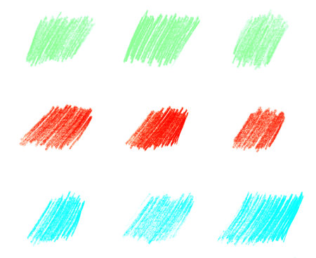 Collection of green, red and blue colored pencil scribble on white backgroundの写真素材