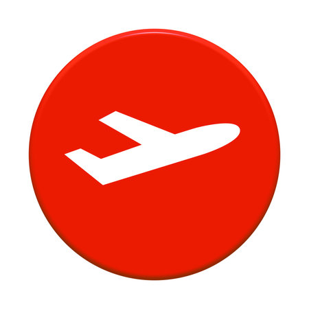Round red button with flight iconの写真素材