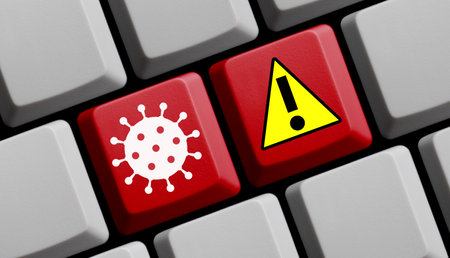 Red computer keyboard: Covid-19 warning - 3d illustrationの写真素材