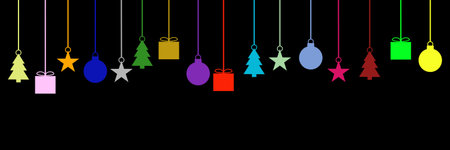 Wide black christmas banner with colorful hanging decorationの写真素材