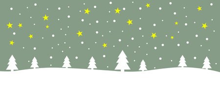 Green christmas banner with winter landscape, snow and starsの写真素材