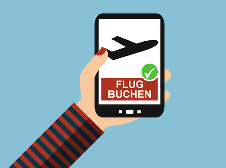 Hand with Smartphone: Buy flight tickets in german language - Flat Designの写真素材