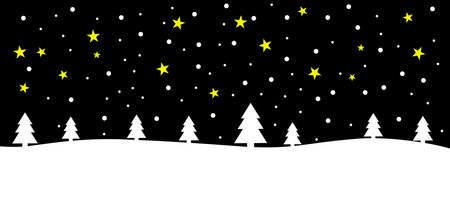 Black christmas banner with winter landscape, snow and starsの写真素材