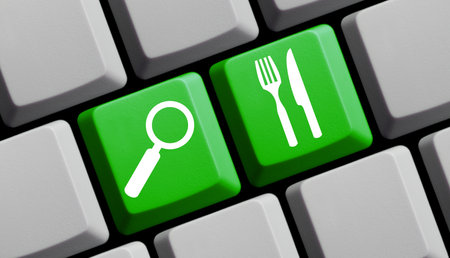 Green computer keyboard: Find restaurants - 3d illustrationの写真素材