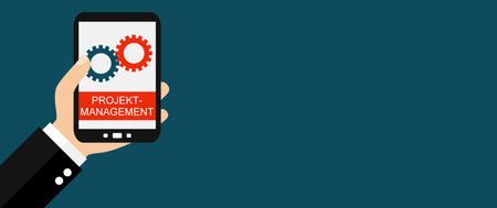 Hand of Business Man holding Samrtphone: Project Management in german languageの写真素材