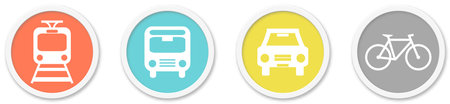 4 round Buttons with Public Transport or Transportation Icons red, blue, yellow and greyの写真素材