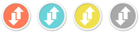 4 round Buttons with Arrow Icon up and down red, blue, yellow and greyの写真素材