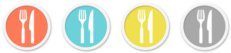 4 round Buttons with Cutlery or Restaurant Icon red, blue, yellow and greyの写真素材