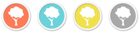 4 round Buttons with Tree or Forest Icon red, blue, yellow and greyの写真素材
