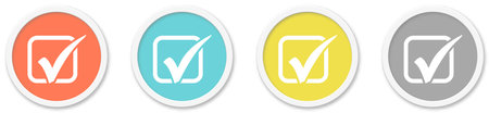 4 round Buttons with Voting or Check Mark Icon red, blue, yellow and greyの写真素材