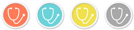 4 round Buttons with Stethoscope or Doctor Icon red, blue, yellow and greyの写真素材