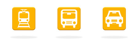 3 orange Buttons: Train, Bus and carの写真素材