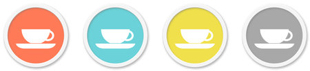 4 round Buttons with Tea or Teacup Icon red, blue, yellow and greyの写真素材