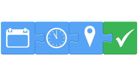 Puzzle Pieces Button banner showing Date, Time and Addressの写真素材