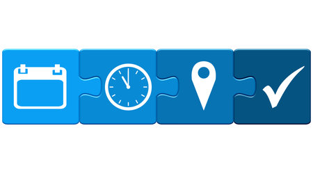 Blue puzzle Pieces Button banner showing Date, Time and Addressの写真素材