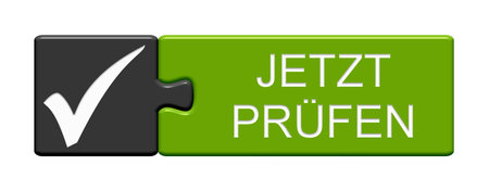 Puzzle Button with two pieces showing Check now in german languageの写真素材