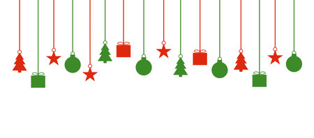 Christmas banner with hanging decoration green and redの写真素材
