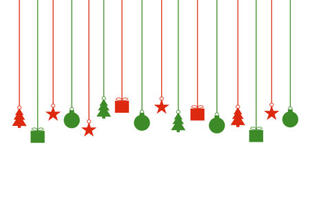 Decorative simple Christmas banner with hanging decoration green and redの写真素材