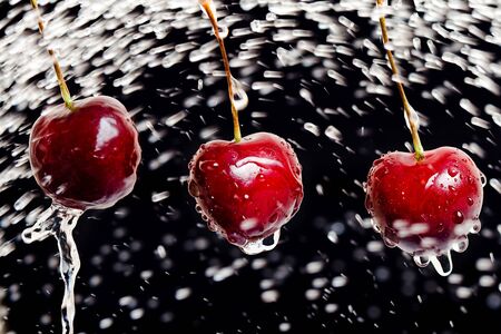 ripe cherries in water spray in the black backgroundの写真素材