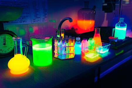 Chemical laboratory with fluorescent liquidsの写真素材