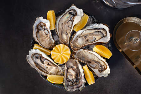 Opened oysters on plate with Lemon and ice