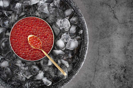 Red caviar in can on ice with spoon on grey backgroundの写真素材