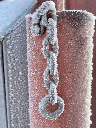 Close-up of a chain with frost in winter