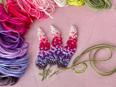 embroidery of flowers in French knot technic, canvas, threads mouline and needle