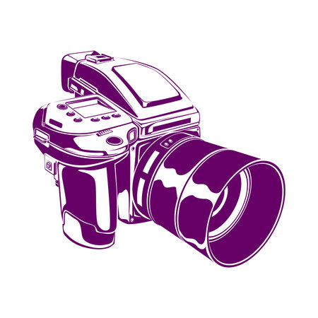 Detailed silhouette of a modern high-resolution camera with a large lens, ideal for photography themes, tech graphics, and creative digital design assets.のイラスト素材