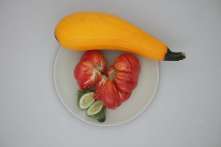  heart tomato, zucchini, cucumber, vegetables on the plateの写真素材