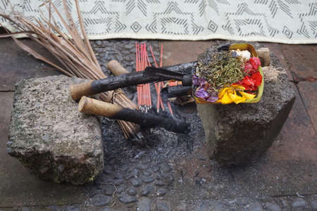 Balinese offerings are a form of gratitude. This ritual is called "Mecaru".の写真素材