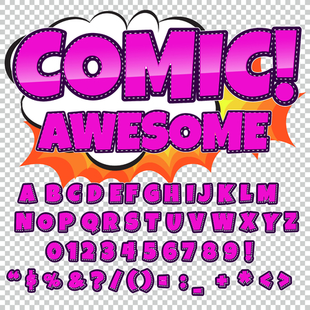 Creative high detail comic font. Alphabet in the style of comics, pop art. Letters and figures for decoration of kids' illustrations, websites, posters, comics and banners.のイラスト素材