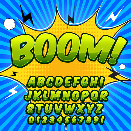 Comic alphabet set. Green color version. Letters, numbers and figures for kids' illustrations websites comics banners.のイラスト素材