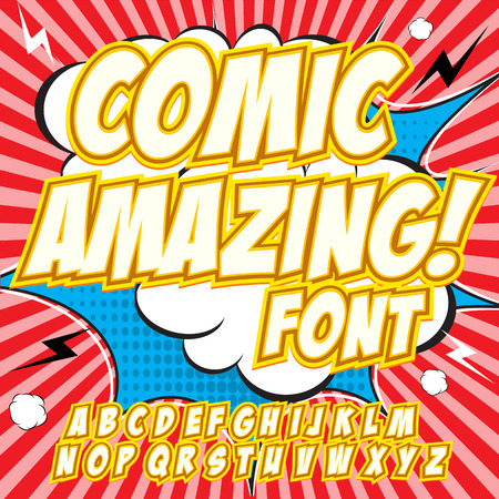 Comic alphabet set. Light yellow color version. Letters, numbers and figures for kids' illustrations, websites, comics.のイラスト素材