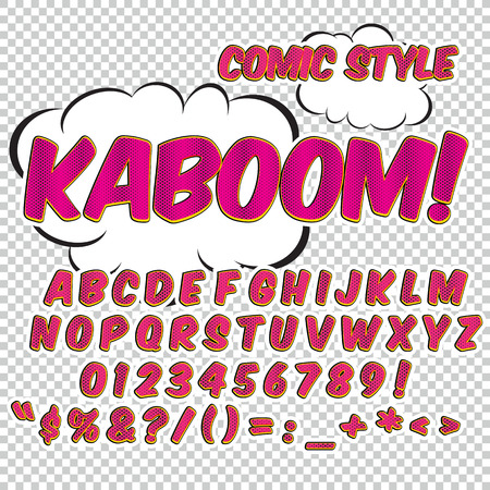 Creative high detail comic font. Alphabet in the style of comics, pop art. Letters and figures for decoration of kids' illustrations, websites, posters, comics and banners.のイラスト素材