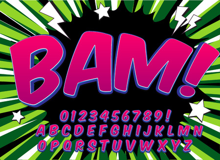 Creative high detail comic font. Alphabet in the style of comics, pop art. Letters and figures for decoration of kids' illustrations, comics and banners. Easy to use for works.のイラスト素材
