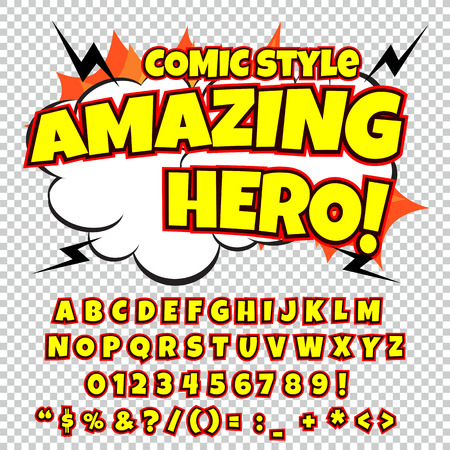 Creative high detail comic font. Alphabet in the style of comics, pop art. Letters and figures for decoration of kids' illustrations, comics and banners. Easy to use for works.のイラスト素材