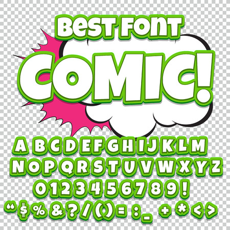 Creative high detail comic font. Alphabet in the style of comics, pop art. Letters and figures for decoration of kids' illustrations, comics and banners. Easy to use for works.のイラスト素材