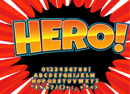 Creative high detail comic font. Alphabet in the style of comics, pop art. Letters and figures for decoration of kids' illustrations, comics and banners. Easy to use for works.のイラスト素材
