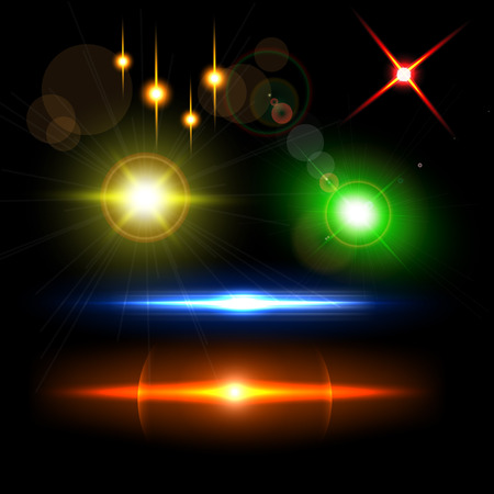 Set of sparkle lights with transparency effects. Collection of beautiful bright lens flares. Lighting effects of flash. Easy to use.のイラスト素材