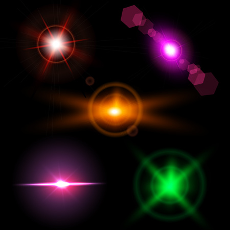 Set of sparkle lights with transparency effects. Collection of beautiful bright lens flares. Lighting effects of flash. Easy to use.のイラスト素材