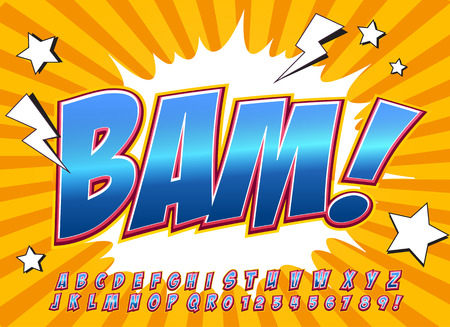 Creative high detail comic font. Alphabet in the style of comics, pop art. Letters and figures for decoration of kids' illustrations, websites, posters, comics and banners.のイラスト素材