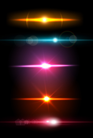 Realistic light glare sparkle, highlight set. Collection of beautiful bright lens flares. Lighting effects of flash. Easy to use.のイラスト素材