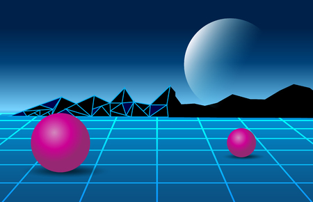 80s sun landscape futuristic. Sci-fi background 80s style. Use for any print design in 80s style.のイラスト素材